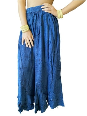 Mogul Women Maxi Skirt, Blue Embroidered Skirt, Retro 70s Chic Fashion Long Bohemian Gypsy Skirts SM