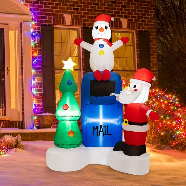 Costway Inflables Navideños Buzón Iluminado Papá Noel Muñeco de Nieve Árbol de Navidad con Luces LED Incorporadas 112 x 95 x 185 cm
