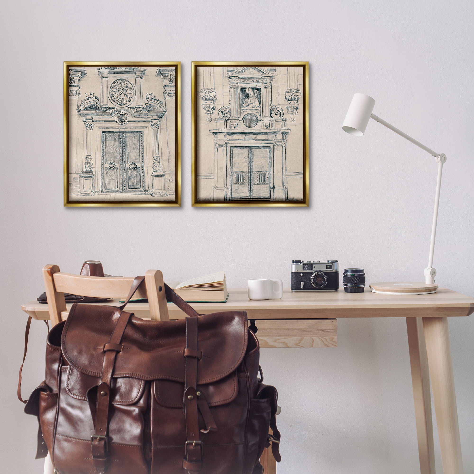 Stupell Industries Pencil Sketch Ornate Door Buildings & Architecture Drawing Gold Floater Framed Canvas Art Print Wall Art, 17 x 21, Set of 2