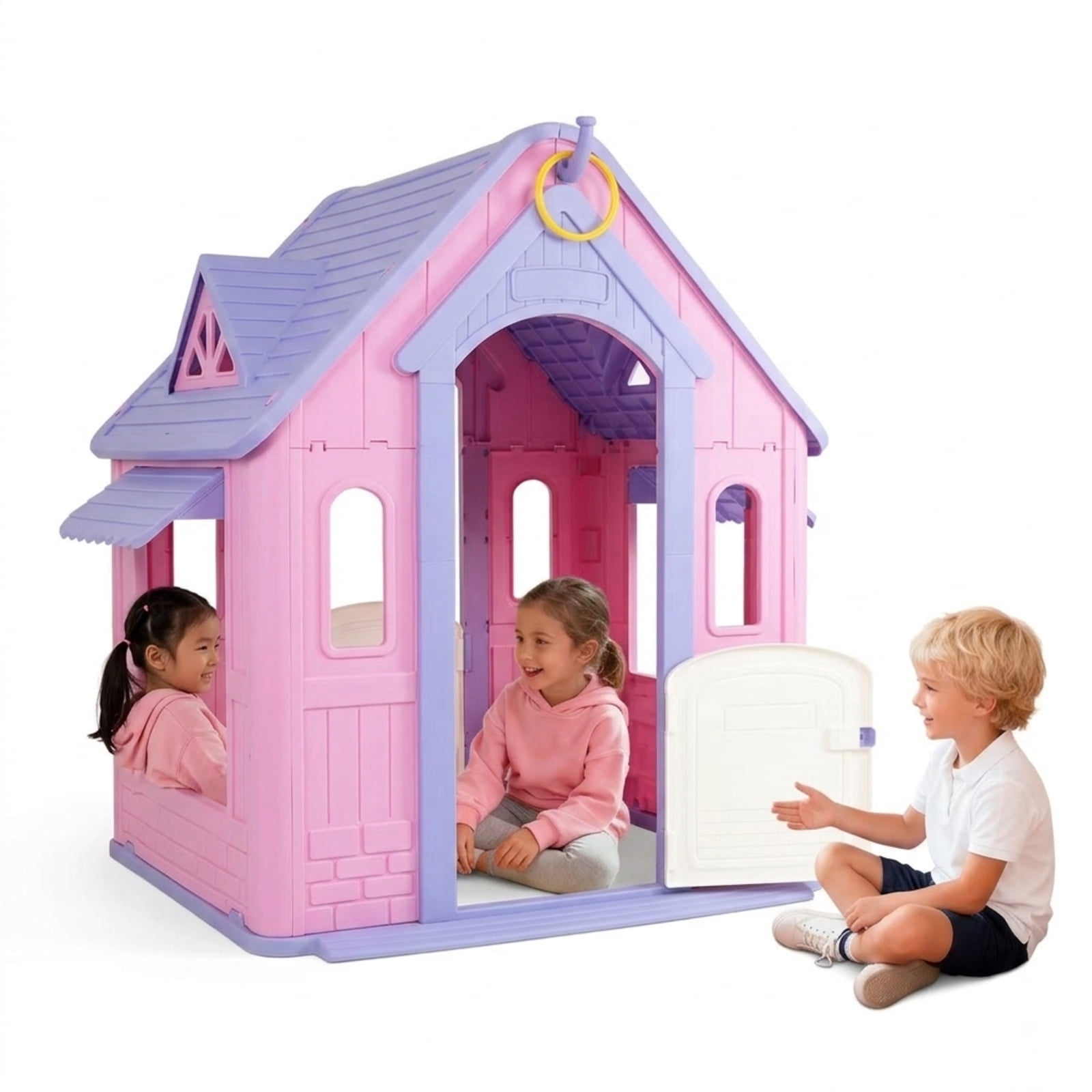 Fenbeli Kids Playhouse with Basketball Hoop, DIY Animal Stickers & Air Pump, Indoor Outdoor Activity Playhouse for Toddlers, Gift for Girls Boys, Pink