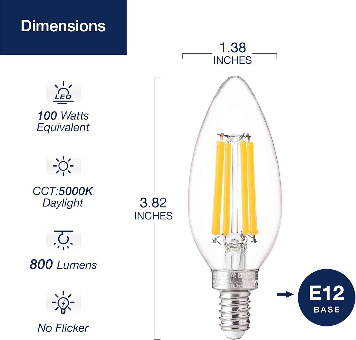 LUZIXIBO 100W EQUIVALENT CANDELABRA LED BULBS 5000K DAYLIGHT, DIMMABLE LED CHANDELIER LIGHT BULBS, 800LM, E12 BASE, 12 PACK