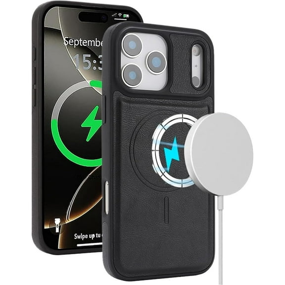 Case for iPhone 17 Pro Max, Magnetic Slim Leather Cover Wireless Charging Anti-Slip Case Camera Protection Shockproof Shell