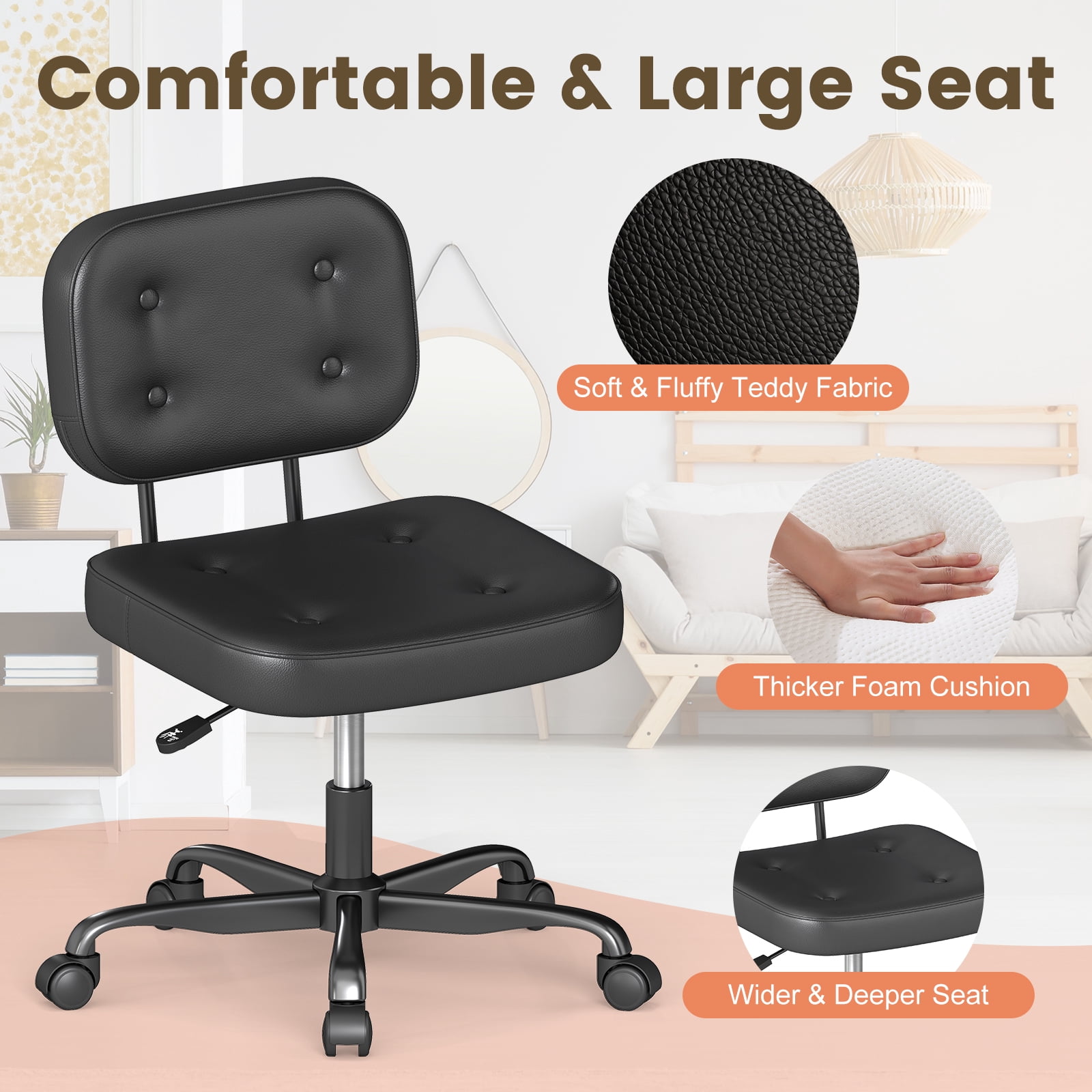 YERAIRR Armless Office Chair with Wide Seat,Home Computer Desk Chair Thickened Cushion PU Leather Swivel Upholstered Vanity Chair