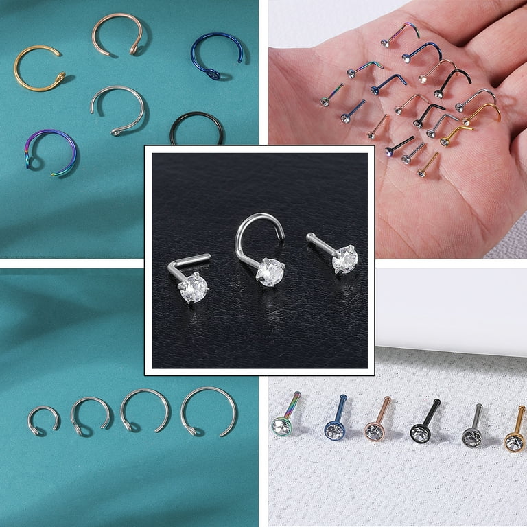 ZS 8Pcs Set 20g C Shaped Nose Hoop Ring Piercing Crystal Nostril Piercing Corkscrew Bone L Shape Nose Stud Piercing Walmart