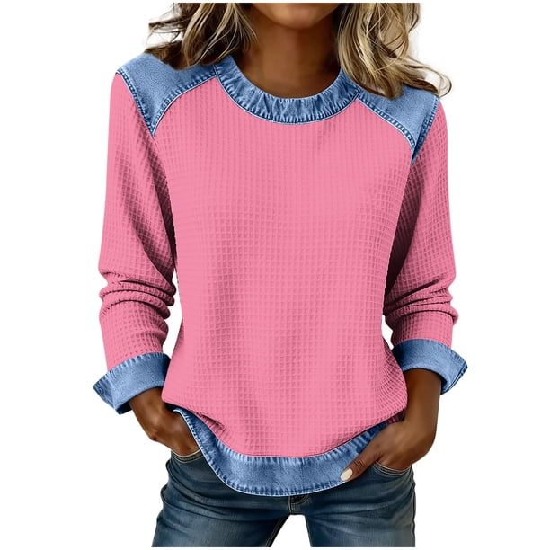 Camisetas de Manga Larga para las Mujeres Loose Fit Color Sólido Blusa de Cuello Redondo Top Suave Casual