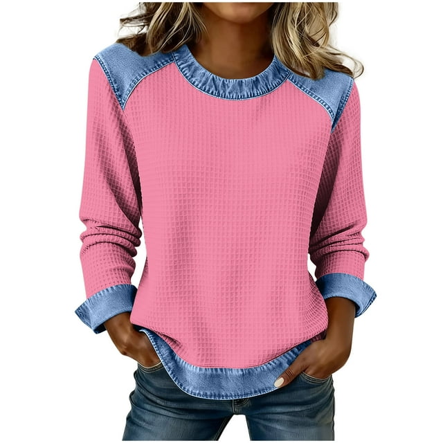Camisetas de Manga Larga para las Mujeres Loose Fit Color Sólido Blusa de Cuello Redondo Top Suave Casual