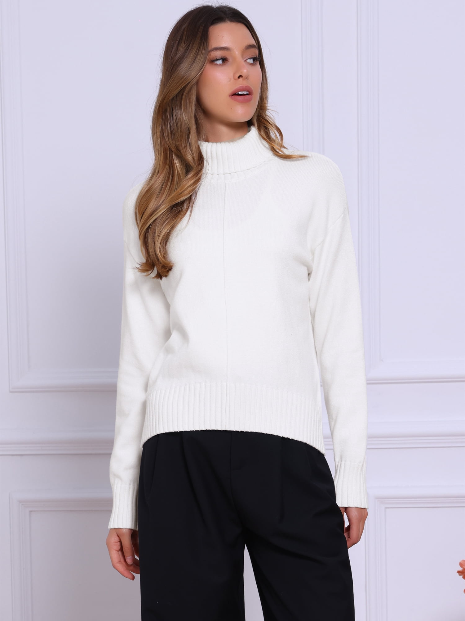 DARING DIVA Turtleneck Sweater Long Sleeve Knit Pullover Sweaters M White