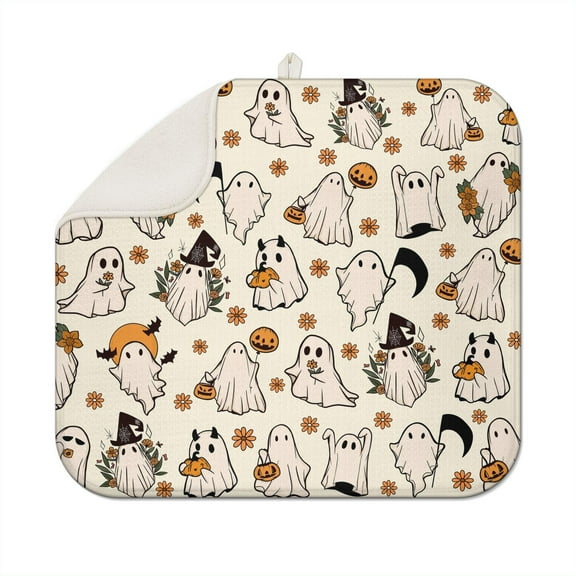 Halloween Dish Drying Mat for Kitchen Counter Pumpkin Spooky Ghosts Fall Dish Mat Absorbent Microfiber Reversible Dish Draining Mat Medium Dishes Pad 16 X 18 Inch