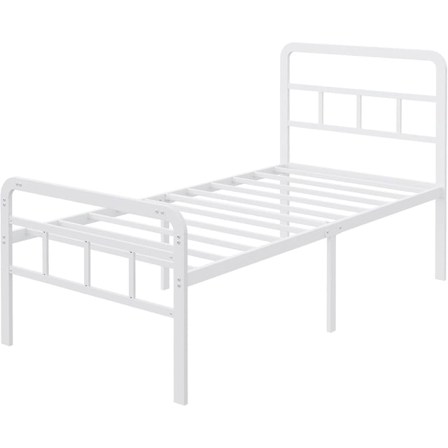 Base de Cama Individual con Cabecero y Piecero, Base Individual de Metal con Listones Resistente, Espacio de Almacenamiento Debajo de la Cama, sin Ruido, Blanco