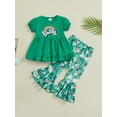 thumbnail image 2 of Suealasg Kid Girls Irish Day Clothes 2Pcs Toddler Baby Girls Summer Outfit Little Girls Short Sleeve Letters Print T-shirt and Shamrock Print Flare Pants Set, 2 of 8