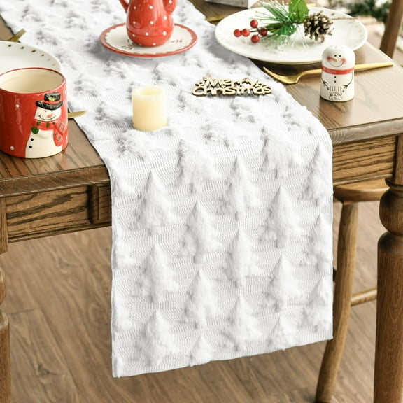 Christmas Trees Soft Plush Faux Fur Jacquard Christmas Table Runner, Holiday Kitchen Dining Table Decoration for Home Party Decor 13x72 Inch