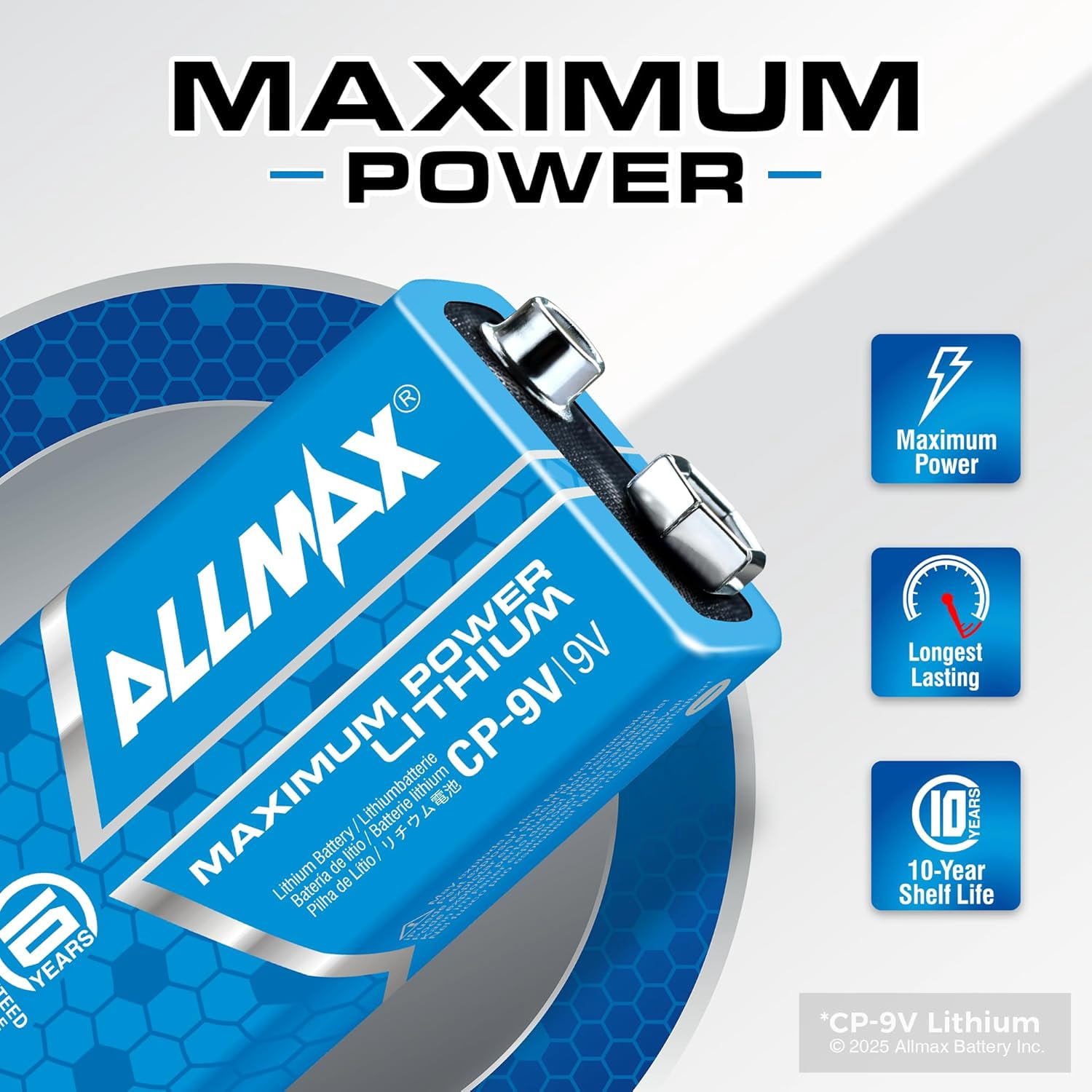 Allmax 9V Maximum Power Lithium Batteries (4 Count) – Longest Lang, Leakproof, 10-Year Shelf Life, Ultimate Performance – Perfect for Smoke Detectors (9 Volt)