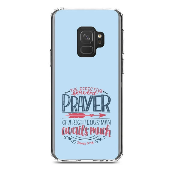DistinctInk Clear Shockproof Hybrid Case for Samsung Galaxy S9 (5.8" Screen) - TPU Bumper, Acrylic Back, Tempered Glass Screen Protector - James 5:16 - Effective Fervent Pray of a Righteous Man