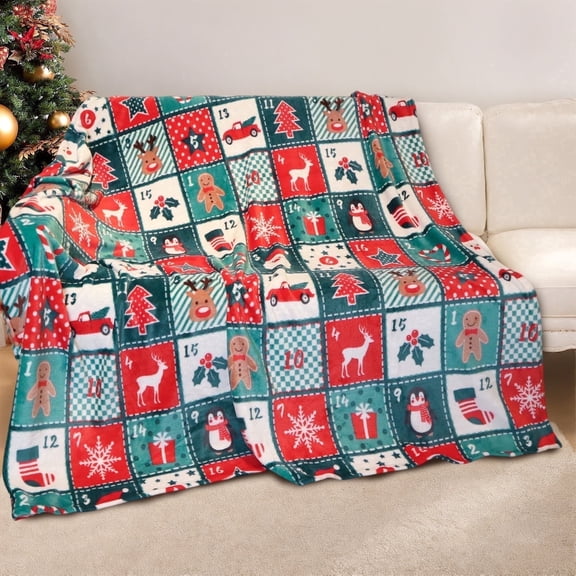 Gogreen Christmas Flannel Throw Blanket, 50"x60" 300GSM Soft Microfiber Cozy Fleece Blanket for Couch Bed, Holiday Decor - Christmas Cartoon Plaid
