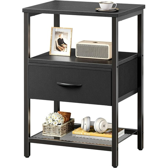 Nightstand Set of Night Stand with Fabric Drawer Mesh Shelf Side Table with Storage Fabric Drawer Dresser Open Shelf Metal Frame Bedroom Rustic