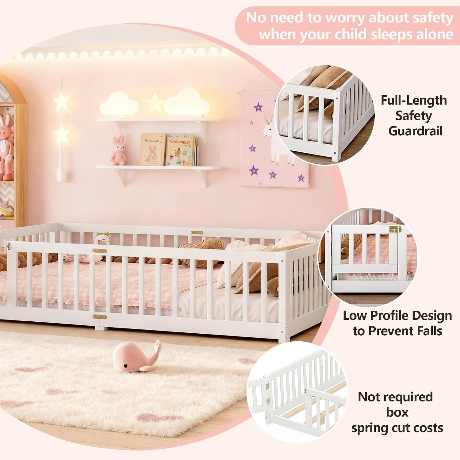 Queen Size Montessori Floor Bed with Rails, Wood Kids Floor Bed with Door and Slats Support, Toddler Bed Montessori Bed for Boys Girls, No Box Spring Needed Design