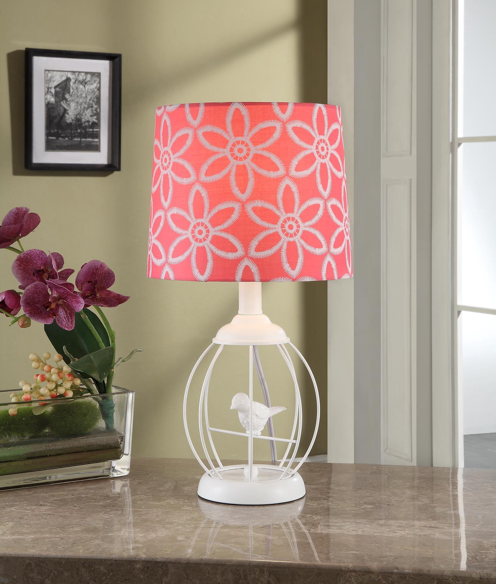 Cooper Ridge 17" White Birdcage Lamp with Pink and White Shade