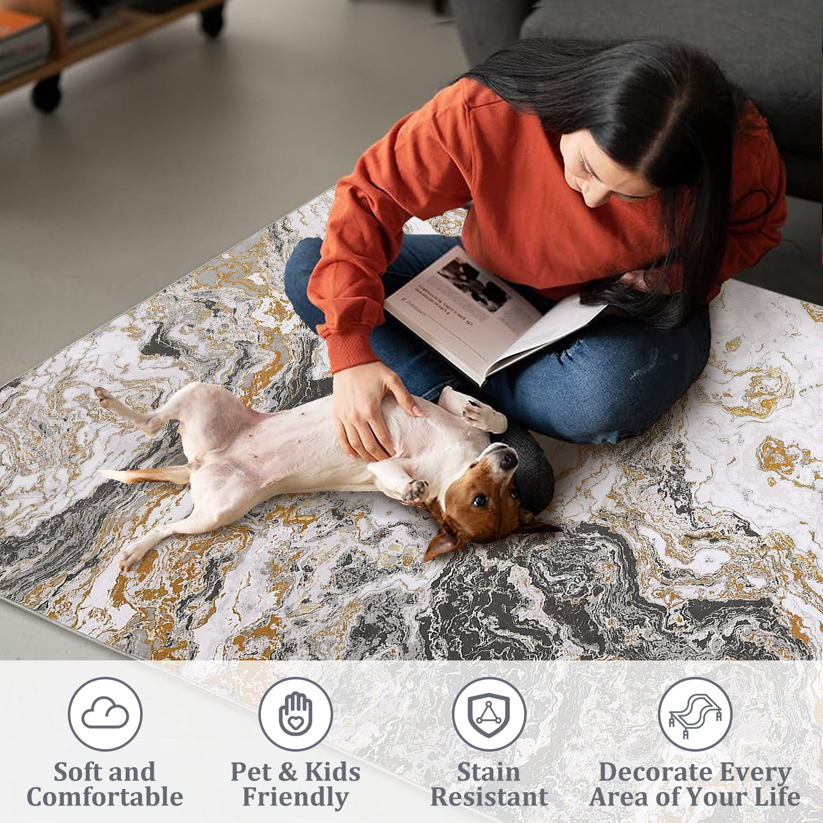 Modern Abstract Marble Print Area Rug 4' x 6'– Soft, Washable, Non-Slip & Non-Shedding(Grey)
