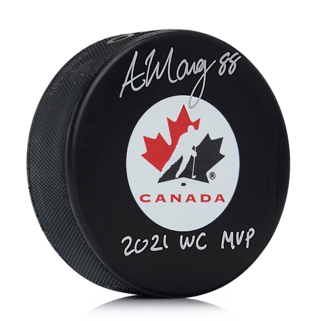 Andrew Mangiapane Signe Rondelle de Hockey d'Équipe Canada avec Note du MVP du CM 2021