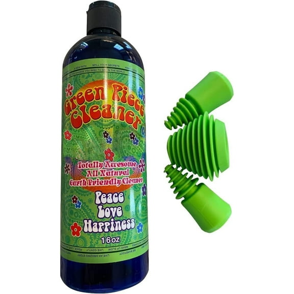 Green Piece® Glass Cleaner 16 oz bottle with Set of 3 Silicone Plugs for scent proofing and cleaning