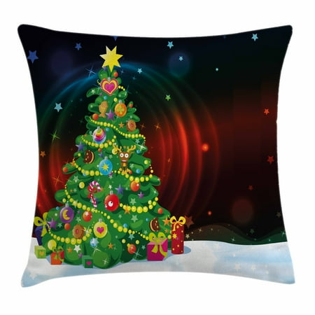 Multi Color Star Design - Christmas Throw Pillow Cushion Cover, Colorful Funny Designed Xmas Tree Abstract Backdrop with Stars Presents Cartoon, Decorative Square Accent Pillow Case, 16 X 16 Inches, Multicolor, by Ambesonne
