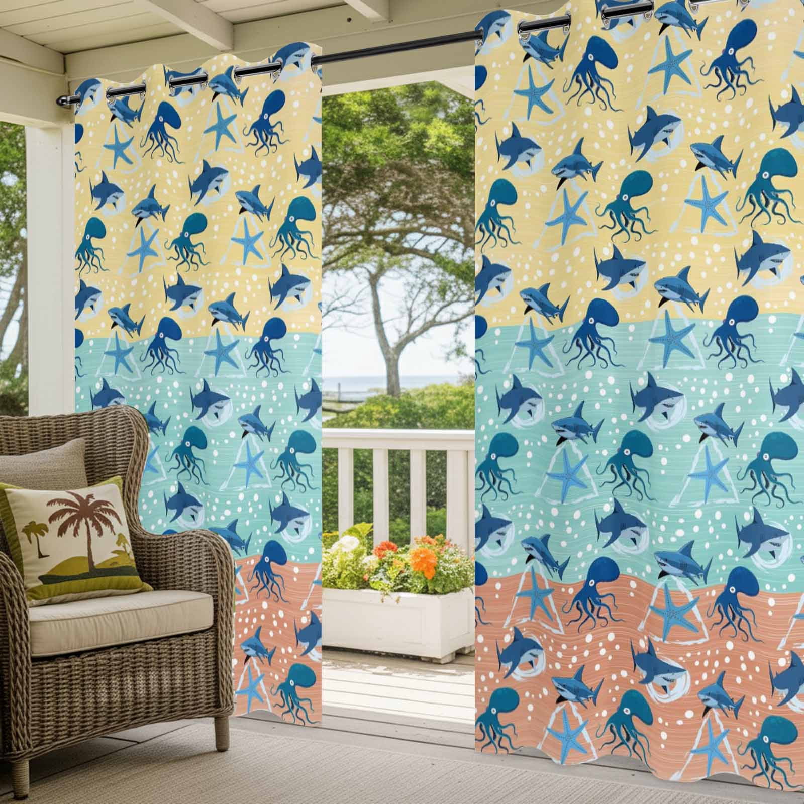 Summer Marine Life Outdoor Curtains for Patio, Watercolor Octopus Sharks Ocean Starfish Bubble Sunshade Privacy Drapes Grommet Waterproof Outside Curtains for Porch/Cabana/Balcony 54"x 108", 1 Panel
