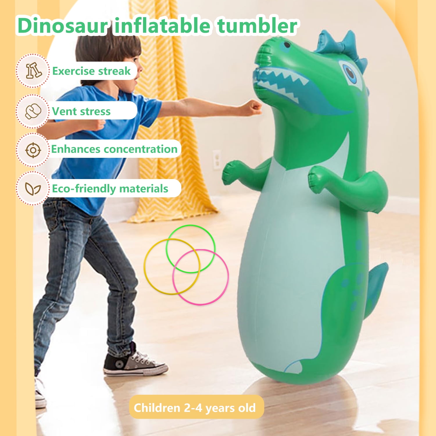 2 Pack Inflatable Punching Bag,4 Rings Ring Toss,Portable Inflatable Dinosaur Sandbag,Boxing Bag for Entertainment Boxing Training Game,38 in Tall,‎Green and Yellow