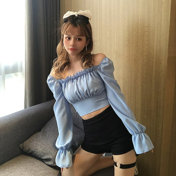 Camisa de mujer Blusa de manga larga con hombros descubiertos Top corto con vendaje sin espalda Azul Kearding AP001261 03B Bodega Aurrera en linea