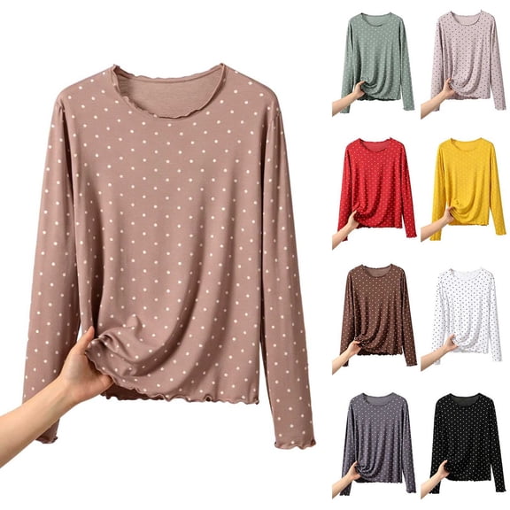Asxite Plus Size Womens Pajamas Casual Loose Breathable Long Sleeve Crew Neck Soft Polka Ruffle Sleep Shirt