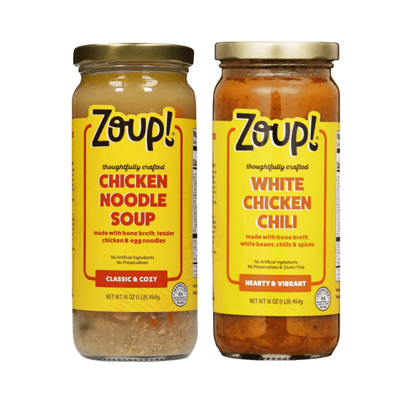Zoup! Chicken Noodle Soup & White Chicken Chili, Shelf-Stable, 16 oz Glass Jars