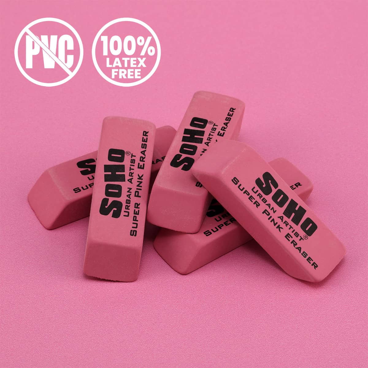 SoHo Urban Artist Super Pink Eraser for Drawing & Sketching - 50-Pack,  Latex-Free PVC-Free Rubber Eraser for Graphite Pencil, Clean Smudge-Free Erasing for Artists, Drafting & Illustration