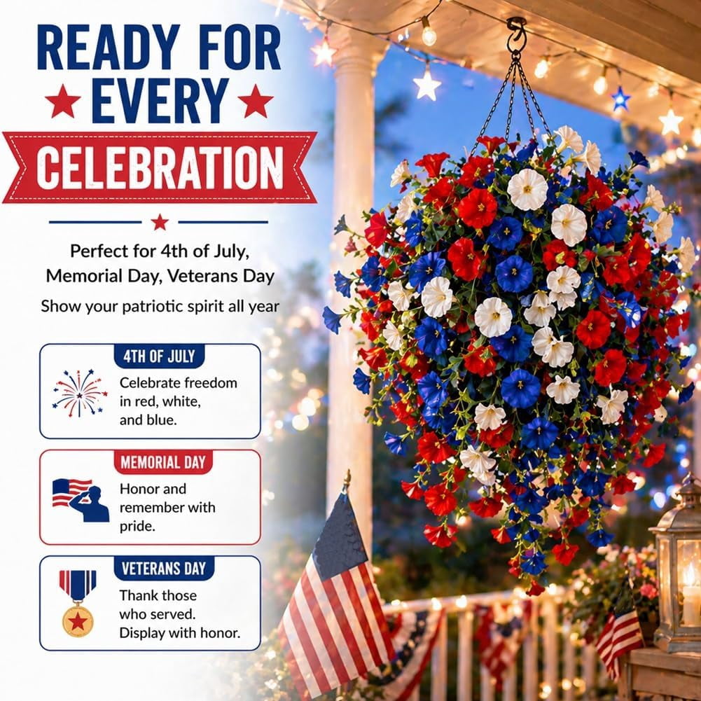29.53'' Artificial Hanging Baskets with Red White and Blue Flowers, Artificial Flowers, Flower Basket, Hanging Plant for Home Porch Patio Garden Balcony Yard Decor(2pcs)