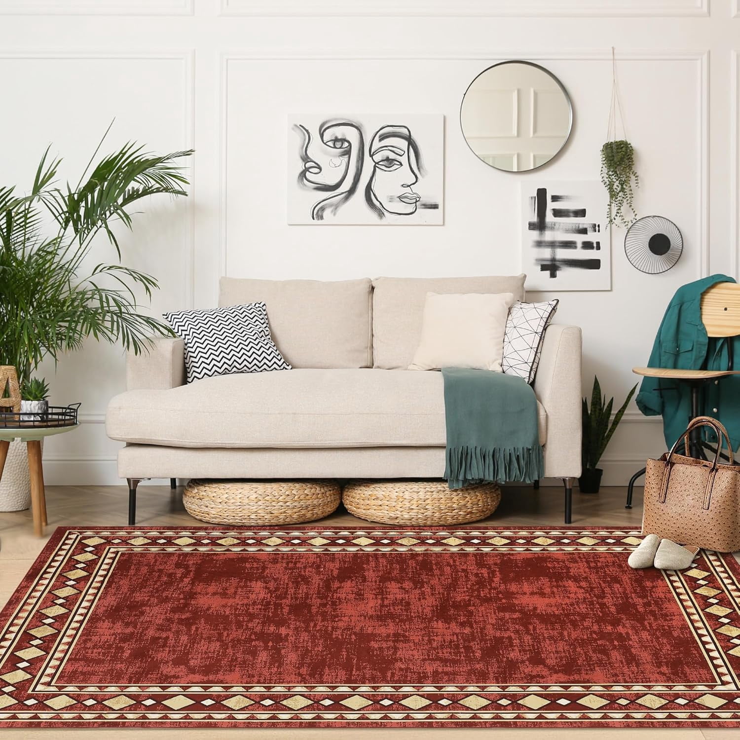 Washable 9x12 Area Rug for Living Room Vintage Rugs for Bedroom Red Rug Bordered Soft Large Area Rug Non Slip Throw Rugs Low Pile Stain Resistant Carpet for Nursery Dining Room 9'x12' Red