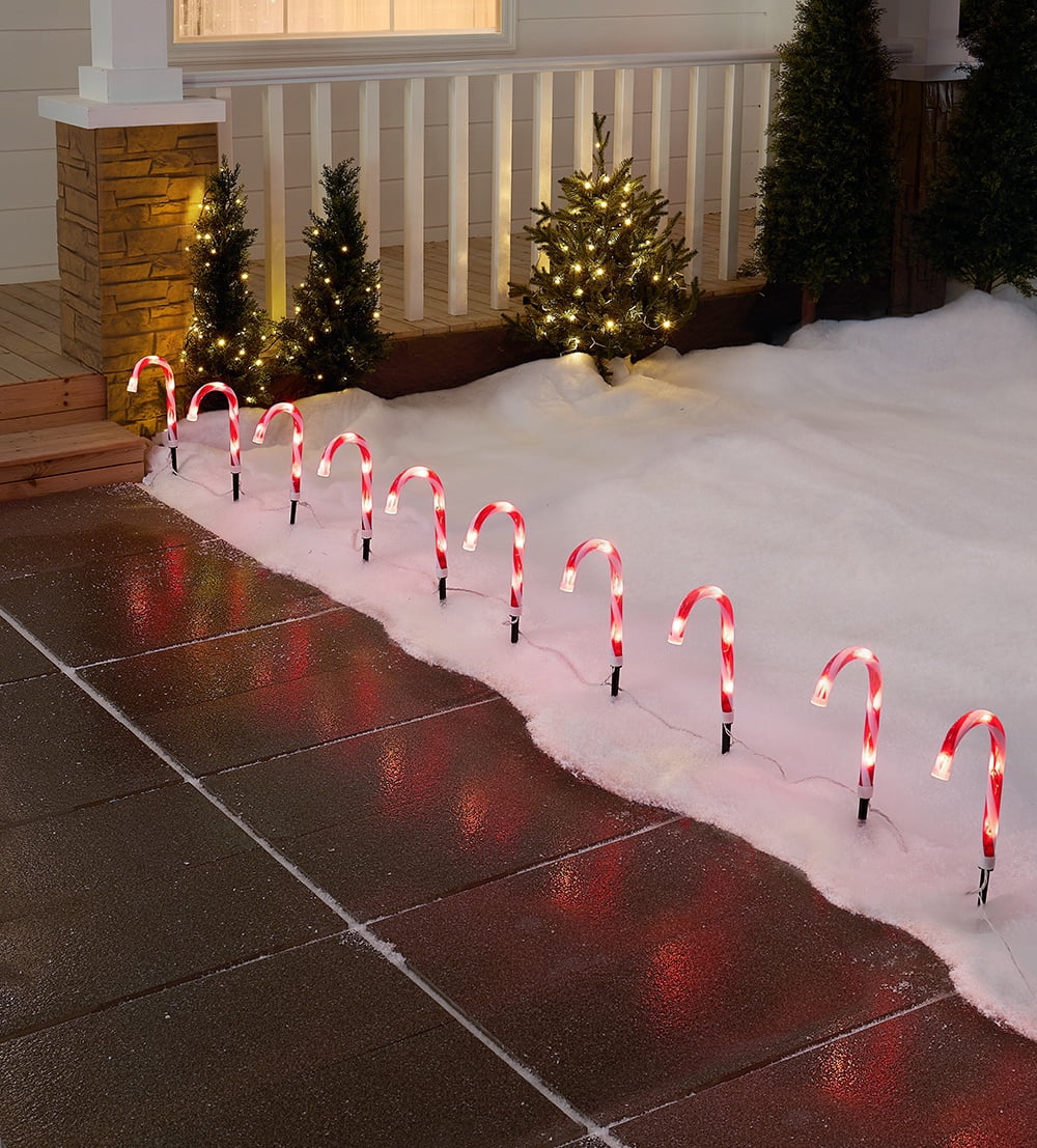 Indoor/Outdoor LED Light-Up Christmas Candy Cane Lawn Stakes, Red and White, 10 Count, by Holiday Time