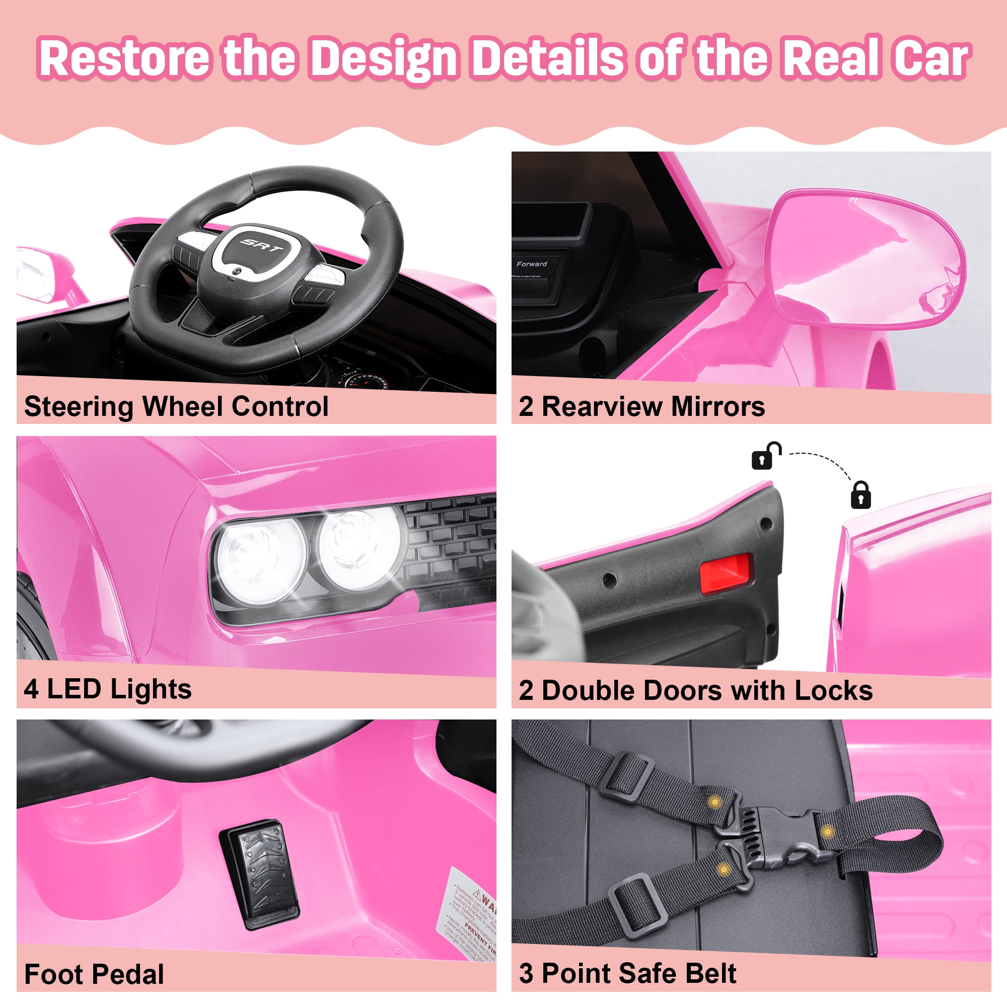 Dodge Challenger SRT Kids Ride on Car,Wisairt 12 V Battery Powered Electric Vehicle w/ Remote Control,Bluetooth,LED Lights(Pink)