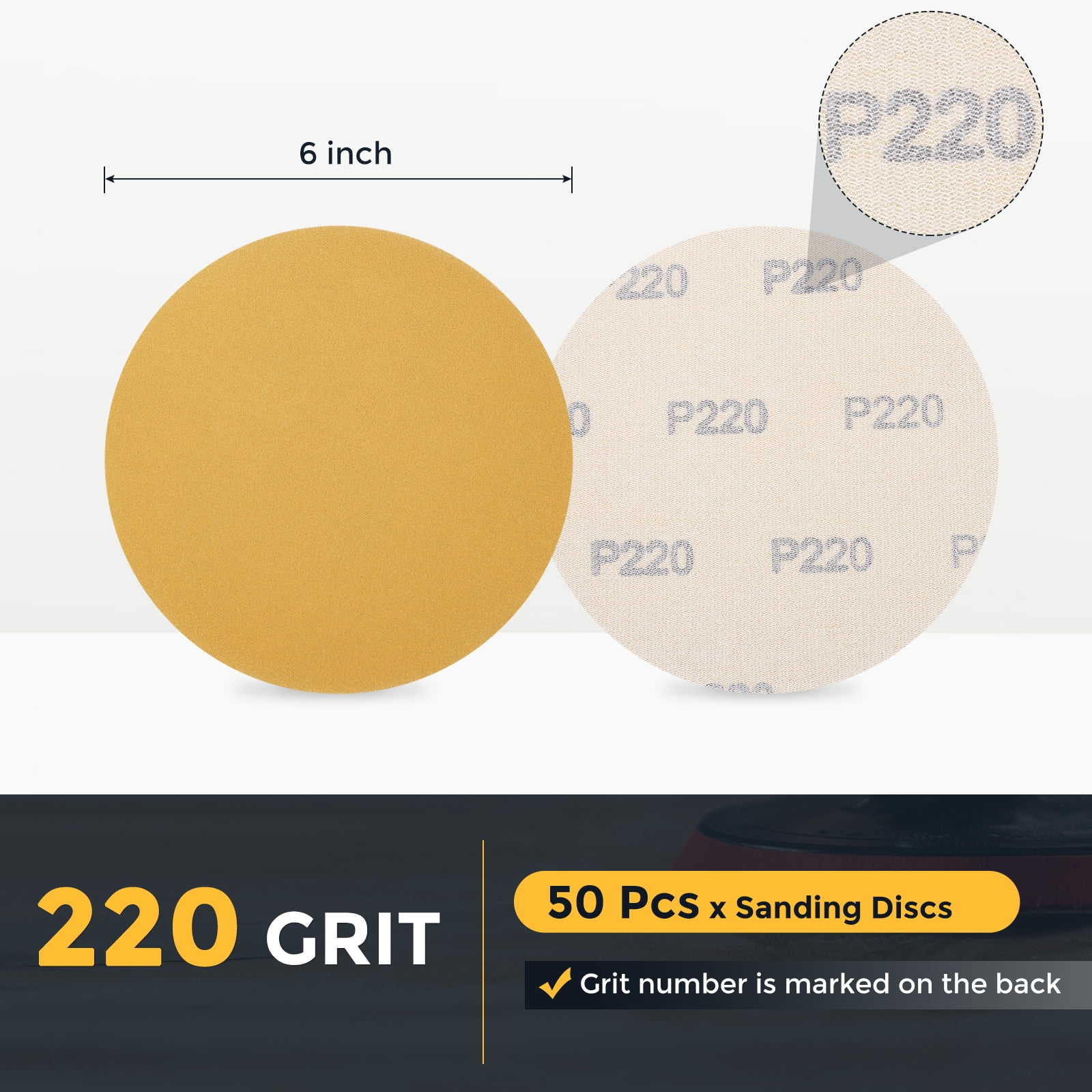50 Pcs 6 Inch Sanding Disc 220 Grit Hook and Loop Sandpaper Random Orbital Sander Pads for Woodworking Automotive, Gold