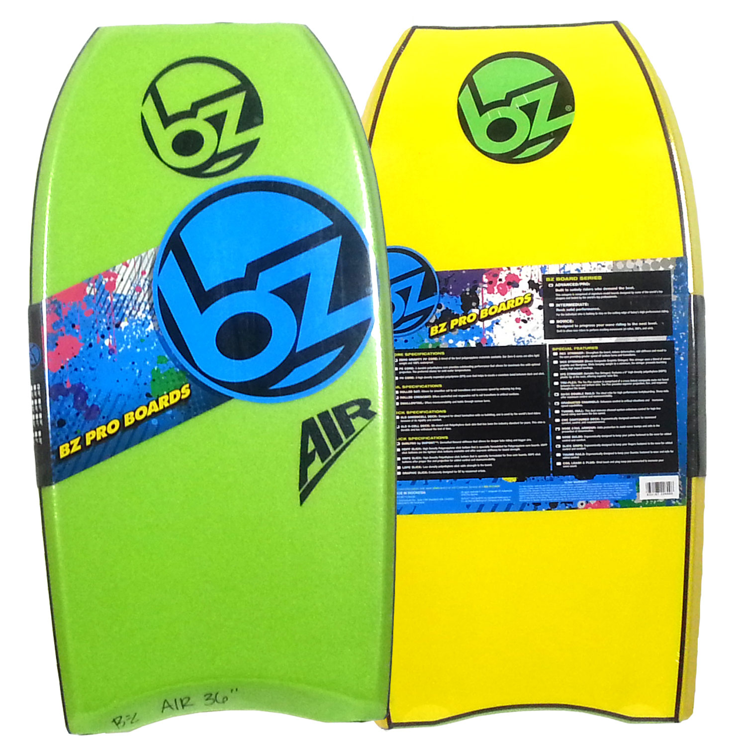 BZ Air 36 Crescent Tail Bodyboard Lime Green deck, Yellow rails