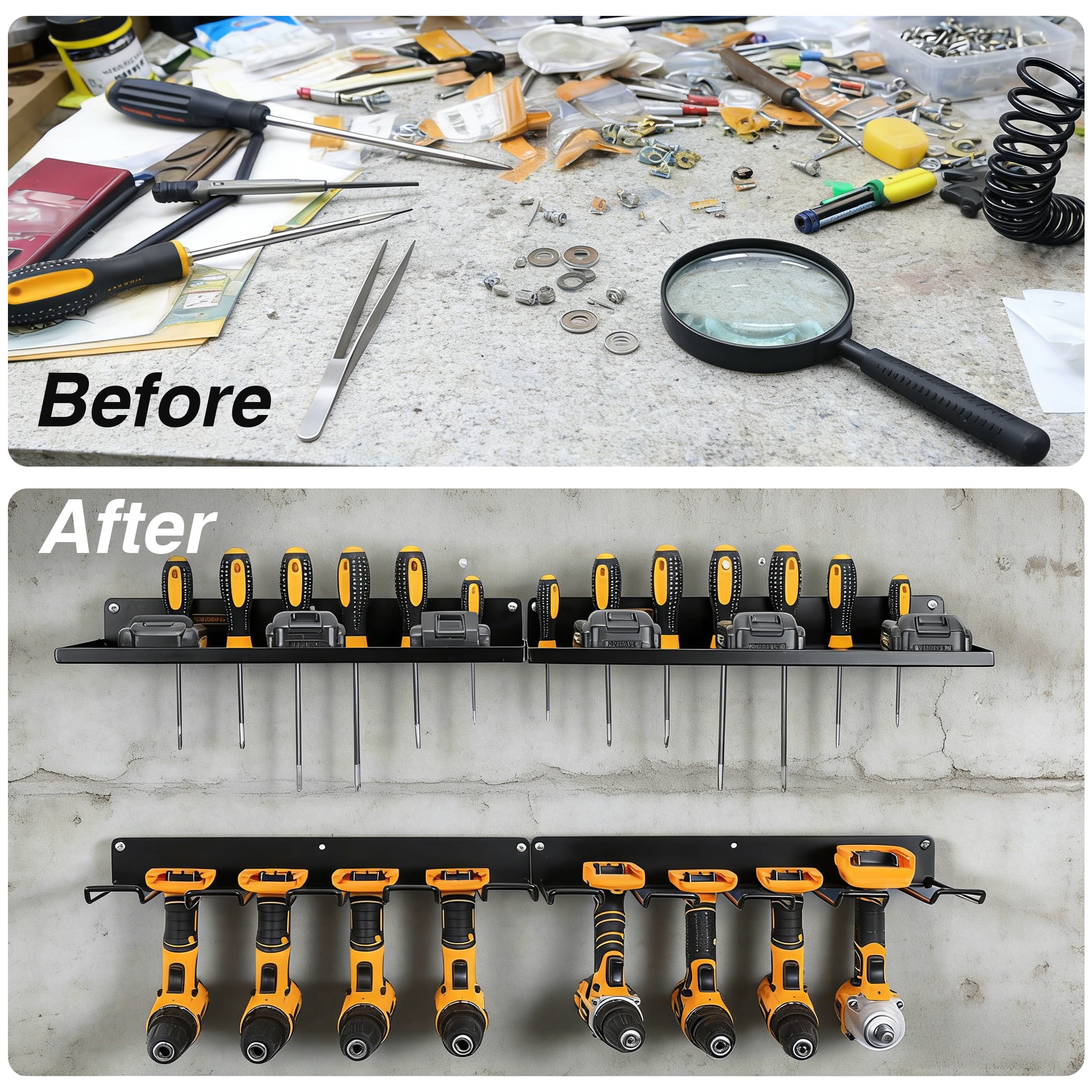 ORFELD Power Tool Organizer with Charging Station, Drill Holder, Wall Mount, Garage Storage Shelves, Heavy Duty Pegboard Wall Organizer Set, Solid Metal, Black, 2 Pack, 4 Set