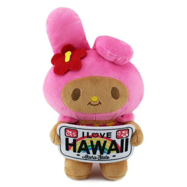 Nueva muñeca de peluche hawaiana de Sanrio de cuero negro de edición limitada HelloKitty Pochacco Mymelody Kuromi, linda muñeca de sirena, regalo