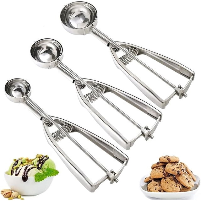 Cuchara para helado, juego de 3 cucharas para galletas, cuchara para masa de galletas de acero inoxidable 18/8, juego de 3 cucharas para hornear, cuchara para helado con gatillo, cuchara para