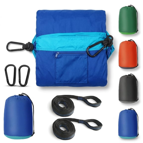 Blue Nylon Camping Hammock, Single or Double Portable Travel Swing for Outdoor Beach Hiking