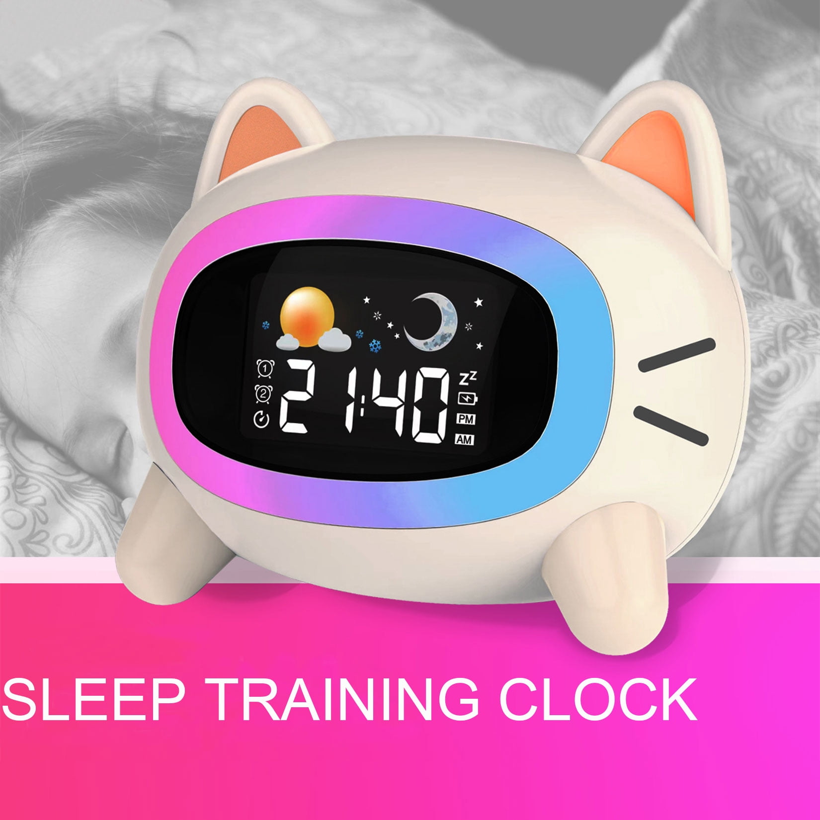 Teen Bedroom Digital Alarm Clock with Night Light - Cat Shaped Alarm Clock with Seven Night Lights, Five Soothing Sounds, Auto-Off Timer, Cream White(One Pcs)