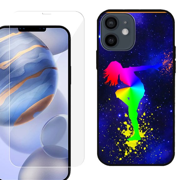 Slim-Fit Protective Phone Case (Black) compatible with iPhone 12 / iPhone 12 Pro, with Tempered Glass Screen Protector, by OneToughShield ® - Cosmos Dance