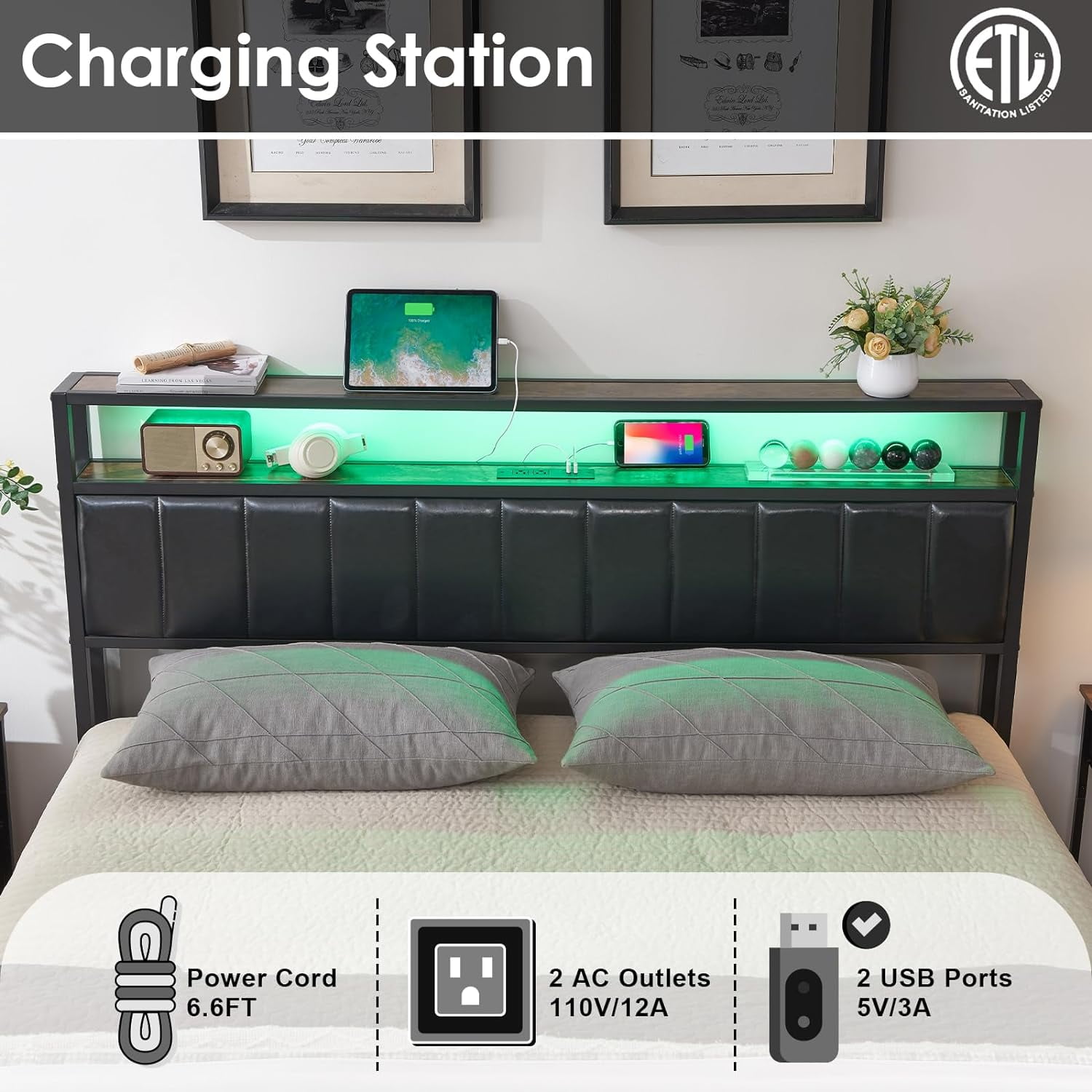 VanAcc Queen Size Platform Bed Frame, LED &Charging Station, 2-Tier Storage Headboard, Black