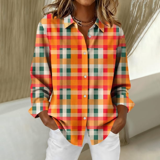 Shirts for Women Checkered Print Single Breasted Long Sleeve Shirt