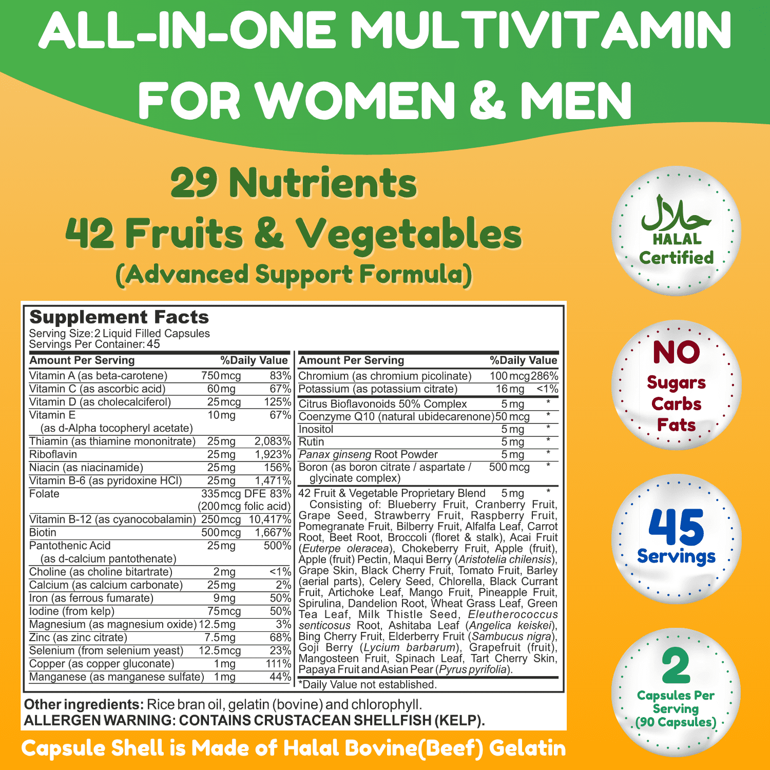 Shifaa Nutrition Halal Ultimate Multivitamin for Adults with 70+ Nutrients, 42 Fruits & Veggies – Non-GMO Daily Supplement | 90 Counts