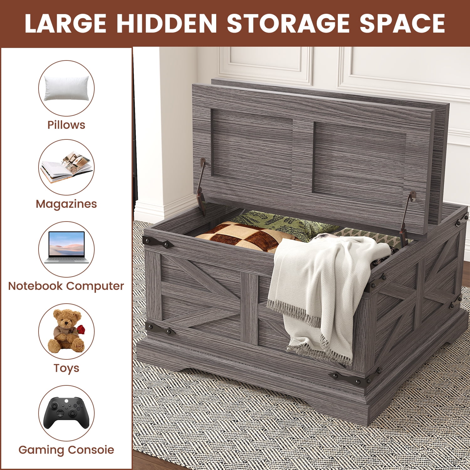 VVFLU Farmhouse Square Coffee Table with Storage for Living Room, Hinged Lift Top Soft Close, Grey