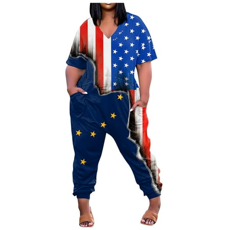 

MIANHT Jumpsuits for Women Plus Size Independence Day Patriotic Long Jumpsuits Rompers with Pocket Summer Trendy Star USA Flag Print V-Neck Short Sleeve Maxi Overalls Dark Blue XXXXL