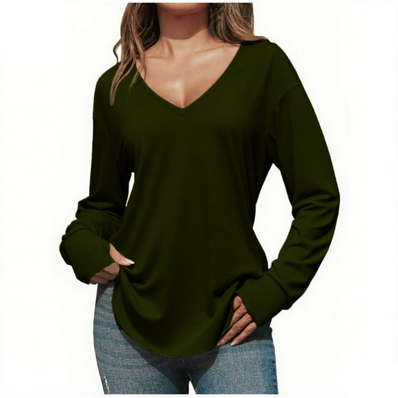 Ahdbta Womens Deep V-Neck Tunic Tops Oversized Long Sleeve T-Shirt Casual Loose Fit Pullover Shirt with Thumb Hole