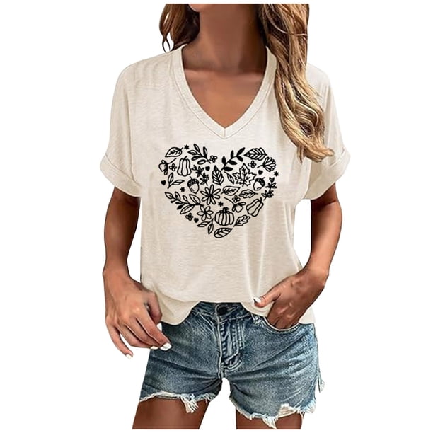 Acción de Gracias Top Mujeres, Pullover de Impresión de Calabaza con Cuello en V Blusa de Manga Corta, Poliéster de Moda Casual